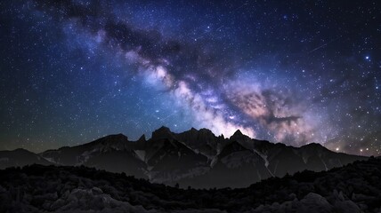 A stunning night scene of a starry sky over a mountain range, with the Milky Way visible and a silhouette of the peaks