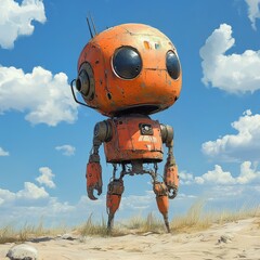 A Playful Orange Robot Standing on a Sandy Beach Under a Blue Sky with Fluffy White Clouds, Evoking a Sense of Adventure and Technology in a Whimsical Atmosphere