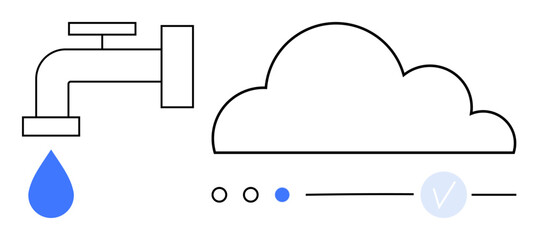 Water faucet with a blue droplet and a cloud with progress indicators. Ideal for weather apps, water usage tracking, data synchronization, cloud computing, environmental impact, fluid dynamics. Line