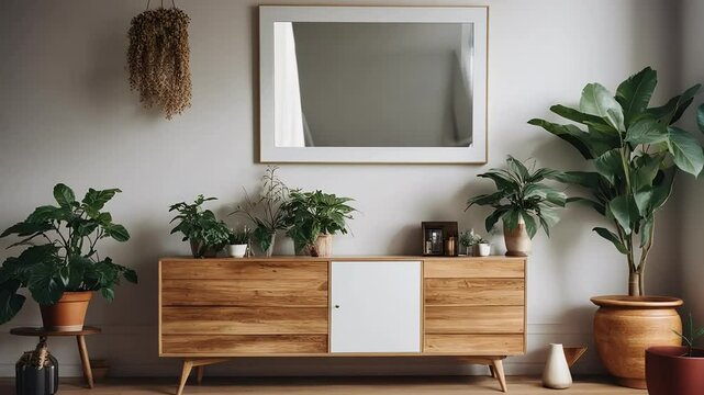 interior retro plants room frame mirror composition accessories commode wall stylish design modern living home 
