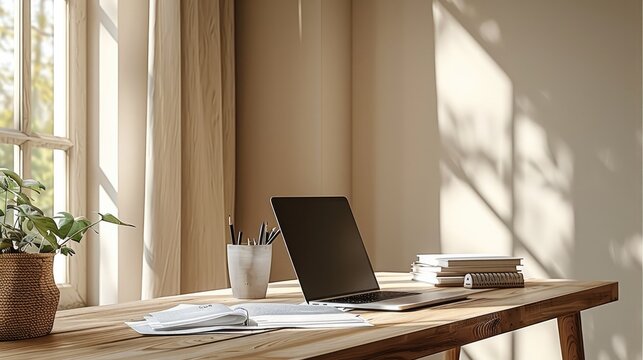 Functional home office with neutral beige walls and a light wooden desk. The space includes a laptop with papers and a pen scattered on the desk.