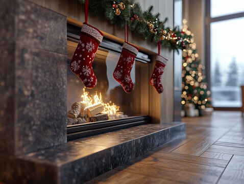Modern fireplace with christmas stockings, garlands and decorations evoking holiday season