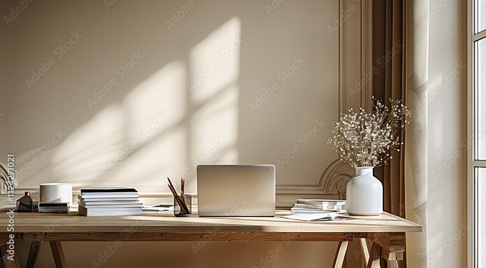Aufkleber functional home office with neutral beige walls and a light wooden desk. the space includes a laptop
