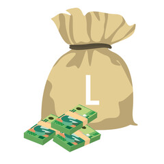 Albanian Lek Vector Illustration. Albania money set bundle banknotes. Money bag 1000 ALL. Flat style. Isolated on white background. Simple minimal design.