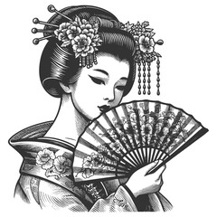  graceful geisha in traditional attire, adorned with flowers and hairpins, holding a decorative fansketch engraving generative ai vector illustration. Scratch board imitation. Black and white image.