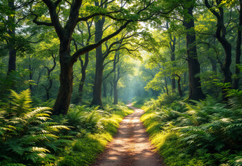 Naklejka premium A dirt path winding through a lush, green forest with tall trees and dense foliage on both sides