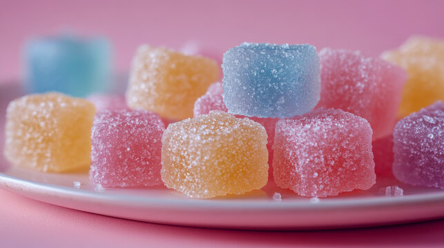 Colorful chewy gummies on pastel pink background with bright diffused lighting