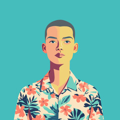 Summer Fashion Portrait. Young Man in Floral Shirt. Vector Illustration. Minimalist Illustration Vector.