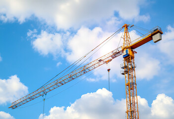 A large yellow construction crane against a blue sky with some clouds