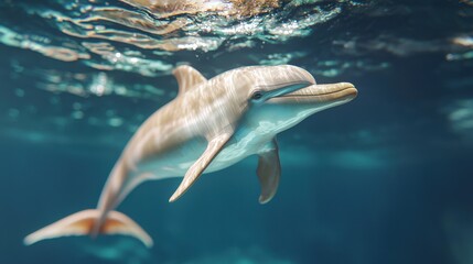 Mechanical dolphin swimming in a digital ocean underwater scene virtual environment futuristic concept