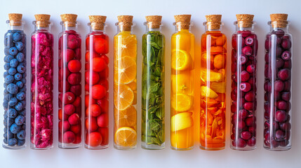 Colorful health shots with vibrant ingredients against soft gradient background