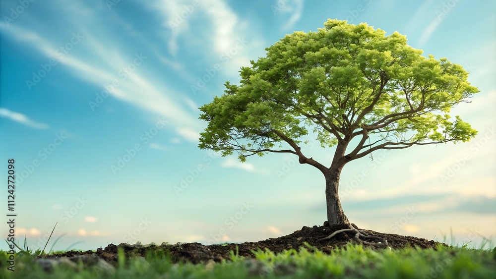 Poster ttree is growing in a field with a clear blue sky above it. the tree is small and he is in the proce