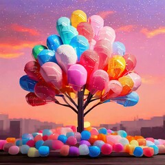 빛나는 저녁 하늘, 거대한 나무 주변 알록달록 데코레이션 고요한 저녁 풍경 일러스트 