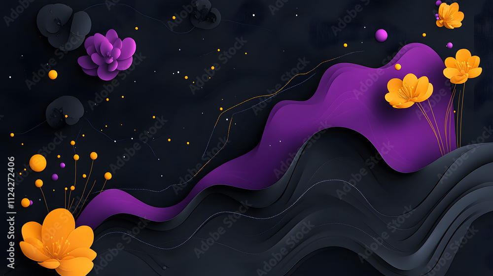 Poster a vibrant abstract design featuring purple waves and colorful flowers against a dark background, cre