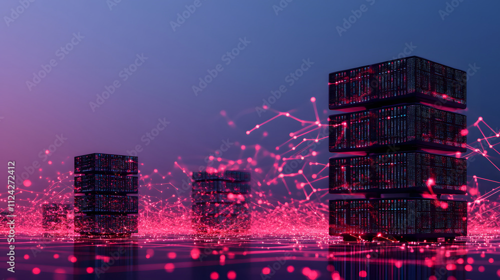 Poster A futuristic digital landscape featuring glowing stacks of containers amidst a network of interconnected nodes and vibrant colors