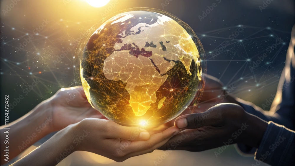 Aufkleber two people holding a globe in their hands. the globe is surrounded by a network of lines, which coul