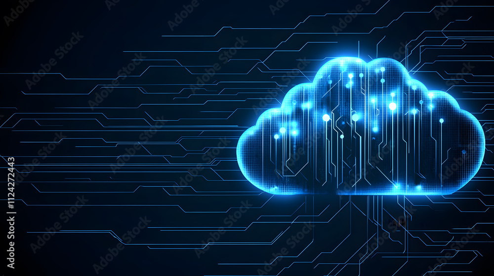 Poster a glowing blue cloud symbol on a dark background, representing cloud computing and digital data tran