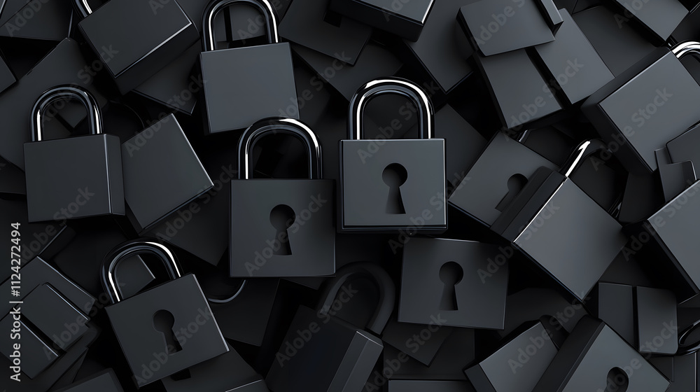 Poster A close-up view of numerous black padlocks arranged densely, emphasizing security and confinement in a minimalist style