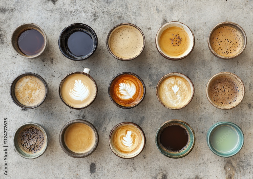 Poster A Stunning Display of Various Coffee Types in Unique Cups Showcasing Intricate Latte Art Patterns on a Rustic Table Surface
