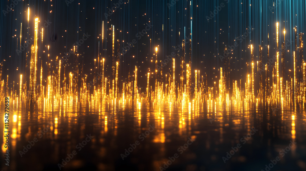 Poster a mesmerizing display of golden light particles rising against a dark background, creating a dynamic
