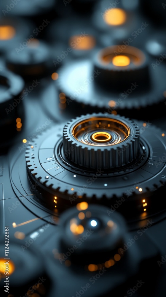 Poster intricate metallic gears with glowing elements create a captivating pattern in a workshop. the desig