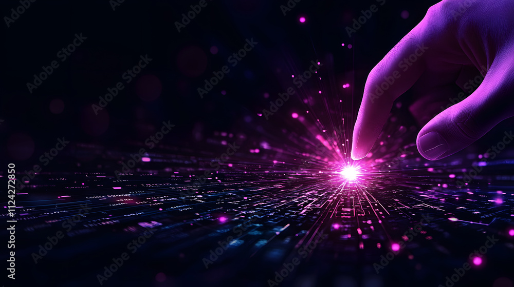 Poster A captivating image of a hand reaching out to touch a glowing orb amidst a digital universe of sparkling lights and energy