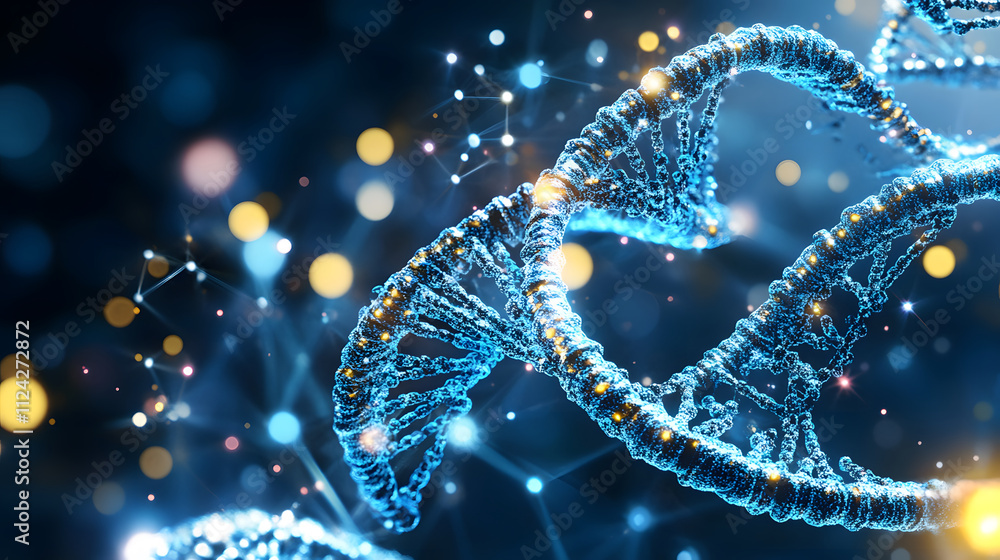 Poster a vibrant, abstract representation of dna strands intertwined with glowing particles against a dark 