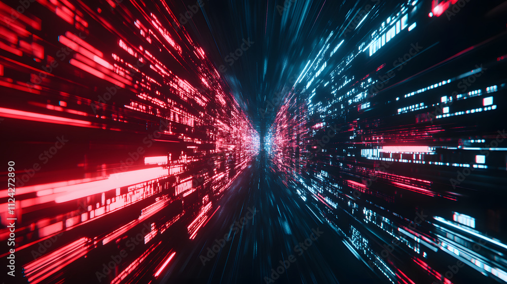 Aufkleber A dynamic visual representation of light trails in red and blue, suggesting speed and data flow in a futuristic digital landscape