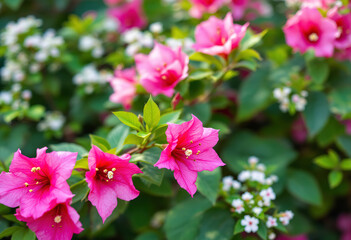 Obraz premium Vibrant pink bougainvillea flowers with small white flowers in the background, filling the frame