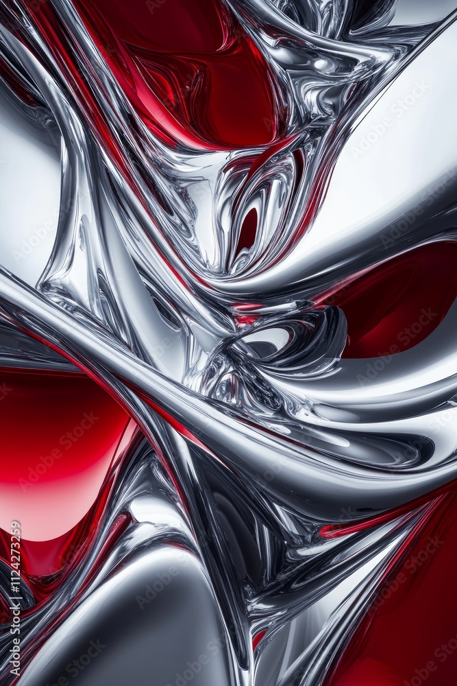 Poster red and silver elements intertwine, forming dynamic and fluid shapes that evoke a sense of movement 