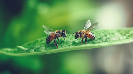 A macro shot of two bees on the edge of leaf, with one appearing to "whisper" to the other in a quiet, sunny garden, Generative AI