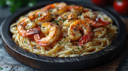 Fototapeta premium Sizzling shrimp scampi with garlic butter sauce kitchen food culinary delight close-up flavorful dish