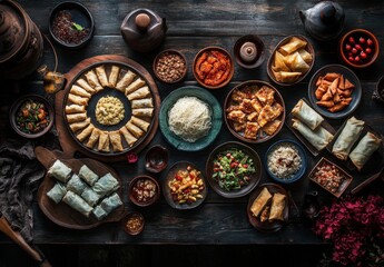 A Vibrant Array of Authentic International Dishes Spread on a Rustic Wooden Table with Colorful Plates and Bowls Showcasing Delicious Culinary Creations