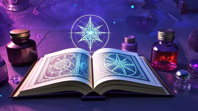 A magical book with glowing starry patterns on its pages under a mystical light, zoom in

