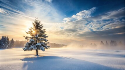 Serene Winter Sunrise Solitary Snow-Covered Evergreen in Misty Field