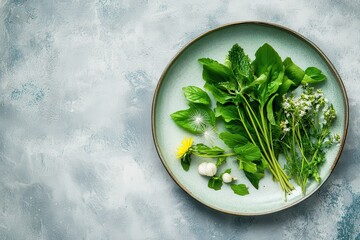 Nutritious spring foods dandelion wild garlic and nettle on a plate