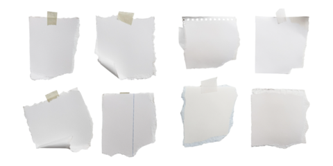 Collection of Blank Torn Paper Sheets with Tape, png collection isolated on transparent background
