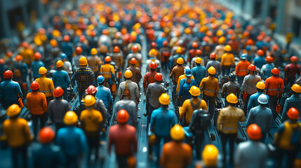 Fototapeta premium vast crowd of workers in colorful safety helmets and uniforms walking together in an industrial or construction setting, symbolizing teamwork and labor force unity.