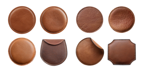 brown isolated realistic leather patch. Label tag, png collection isolated on transparent background