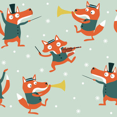Christmas cartoon seamless pattern with foxes playing music on blue background. 