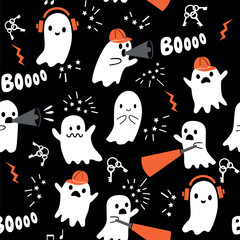 Seamless Halloween pattern on black background with white ghosts, keys.