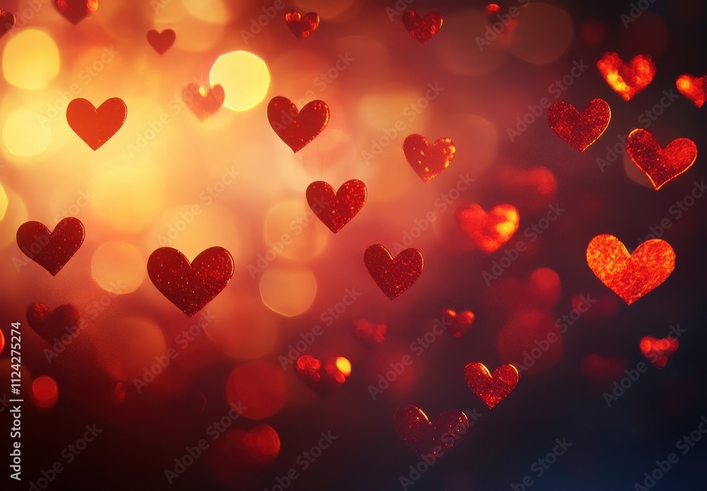 Poster abstract background with floating red hearts and glowing bokeh effects creating a romantic and dream