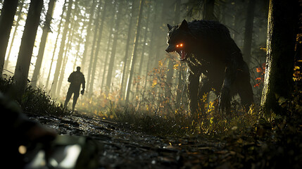 Naklejka premium A man is walking through a forest and a large wolf is behind him