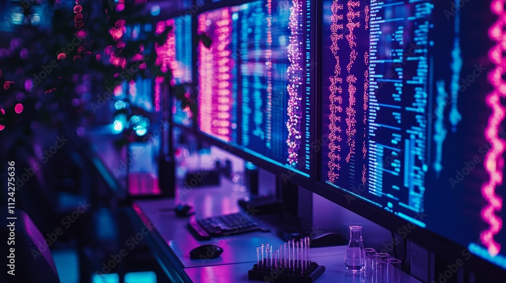 Poster a laboratory features advanced gene editing technology with vibrant screens displaying complex genet