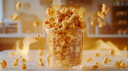 Granola clusters in clear jar on warm beige background