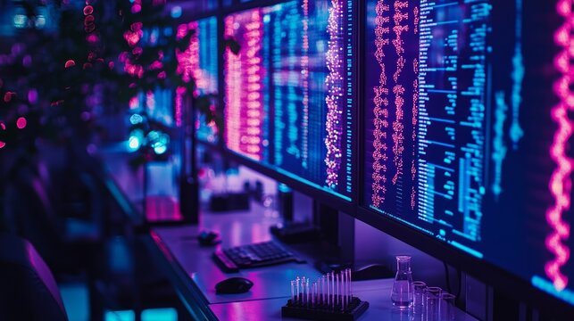 A laboratory features advanced gene editing technology with vibrant screens displaying complex genetic sequences and data analysis