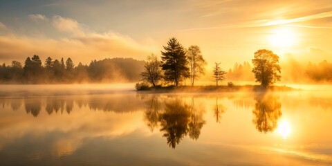 Obraz premium Serene Sunrise Over Misty Lake With Silhouetted Trees Reflecting in Calm Waters