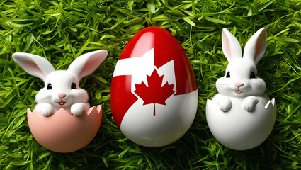 Happy Easter, A White Bunny with Canadian Flag on Egg Sitting on Grass, Generative Ai
