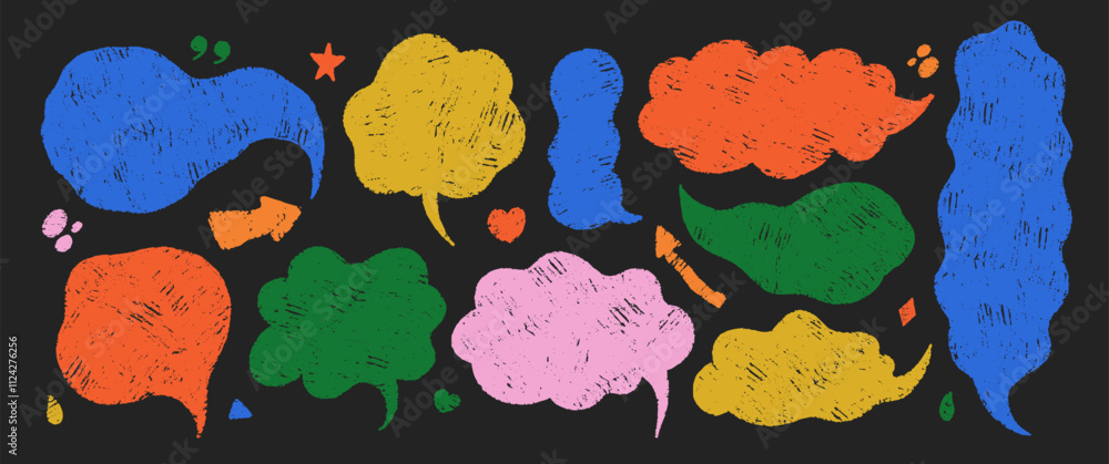 Aufkleber set of text boxes and speech bubbles with crayon or chalk texture. retro illustration on a black bac
