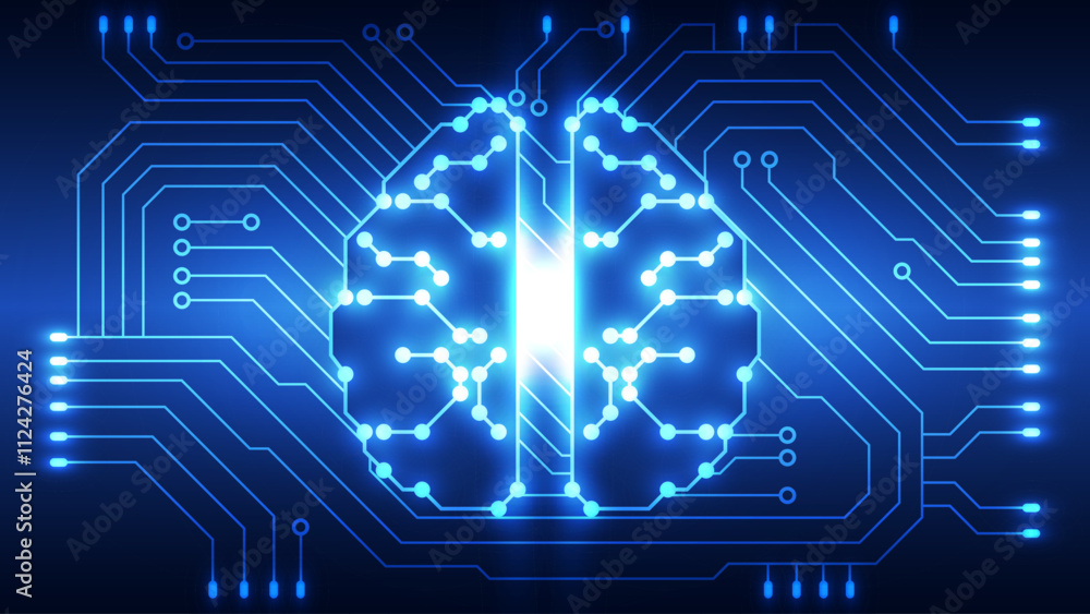 Poster abstract technological background with circuit board and human brain. vector illustration.